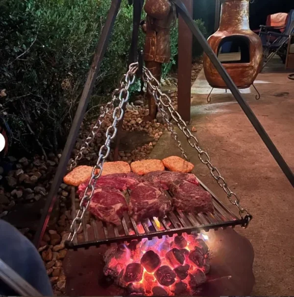 HAND FORGED hanging GRILL campfire cooking heavy duty hanging for tripod